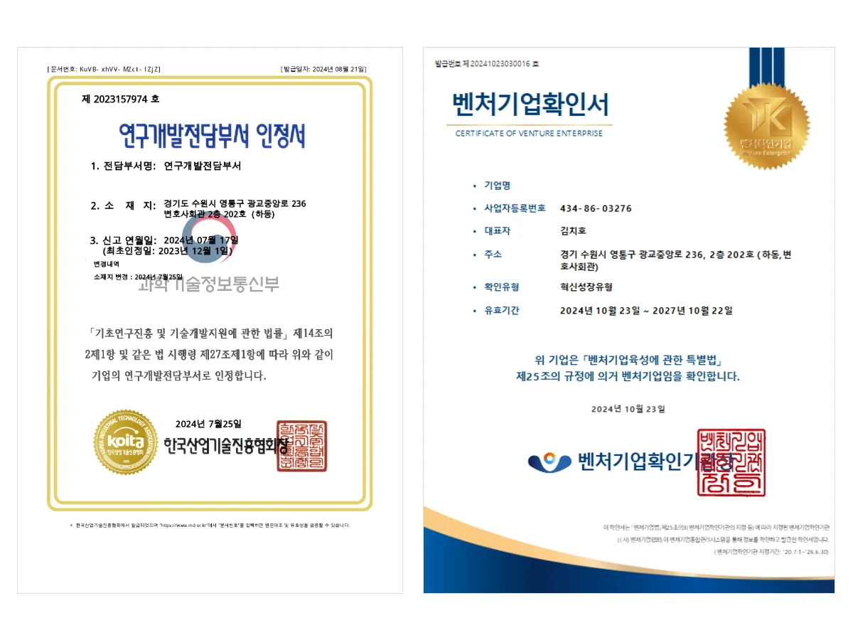 Certified corporate R&D department and venture company certificates