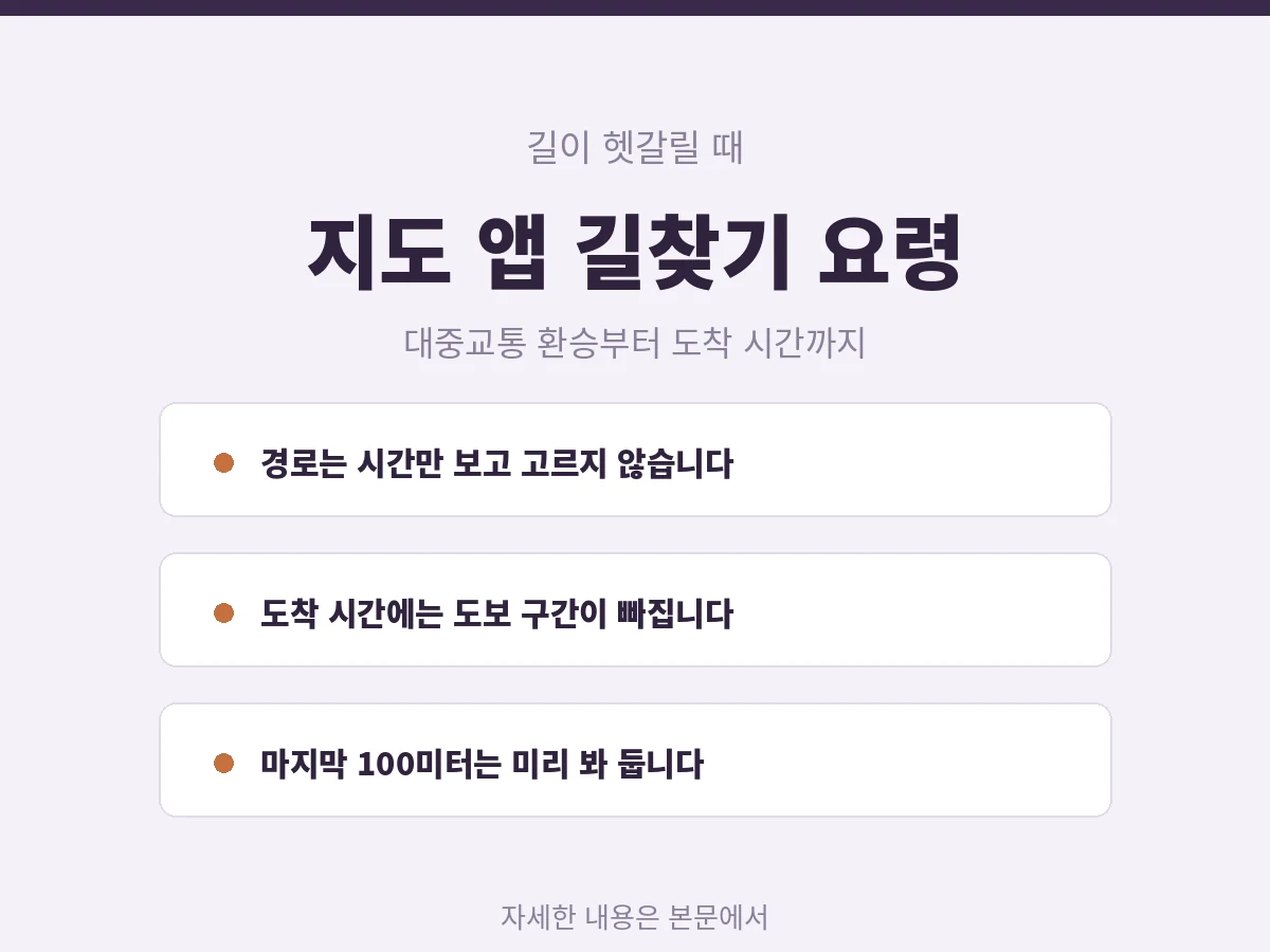 네이버 지도 길찾기 요령 안내 카드, 대중교통 환승 확인부터 도착 시간까지