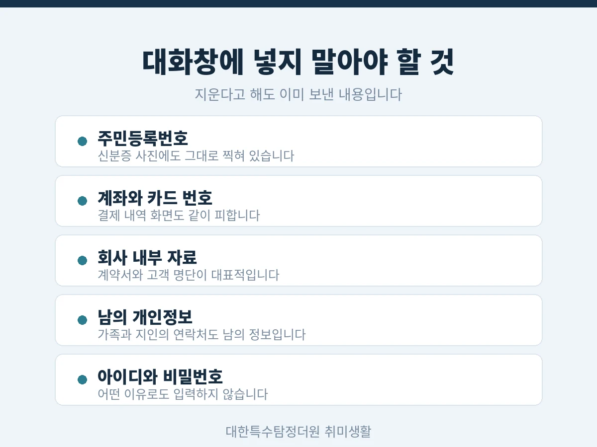 챗GPT 대화창에 입력하면 안 되는 개인정보 목록 카드