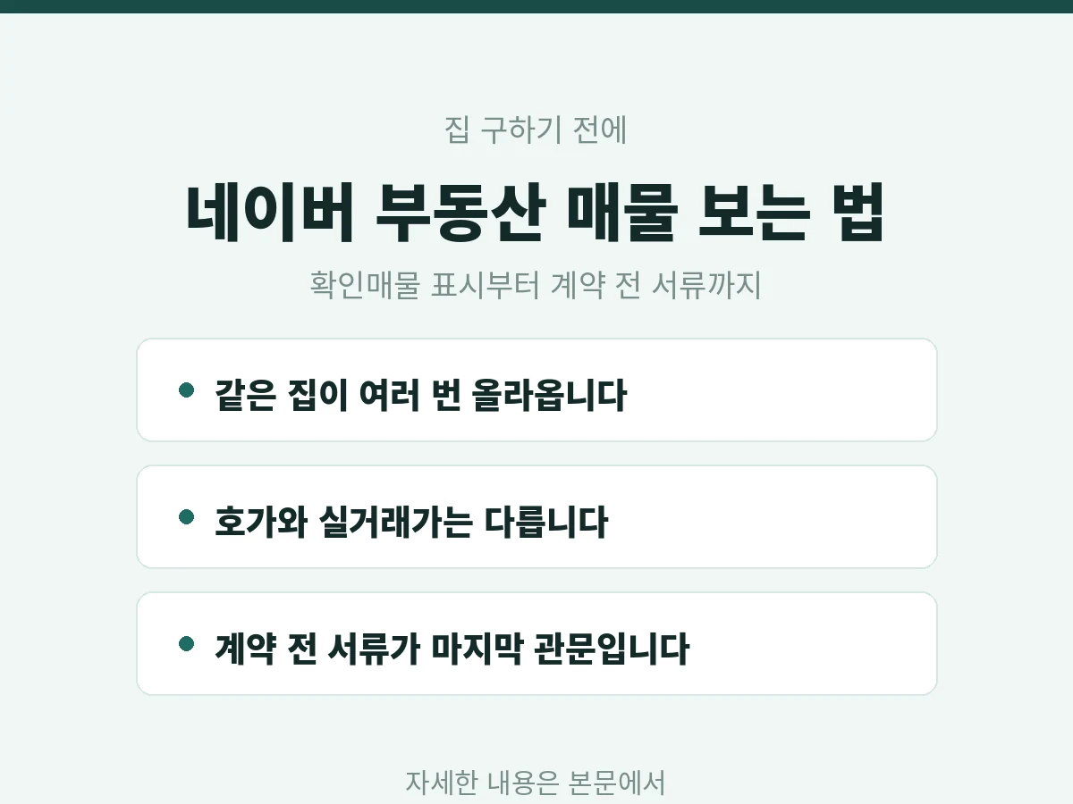 네이버 부동산 매물 보는 법 안내 카드, 확인매물 표시와 실거래가 대조와 계약 전 서류