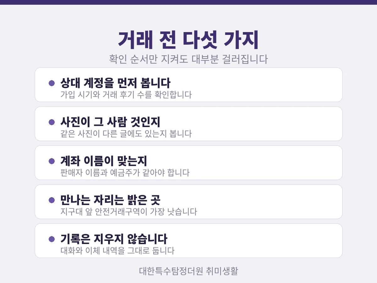 중고 직거래 전 확인할 다섯 가지 정리 카드