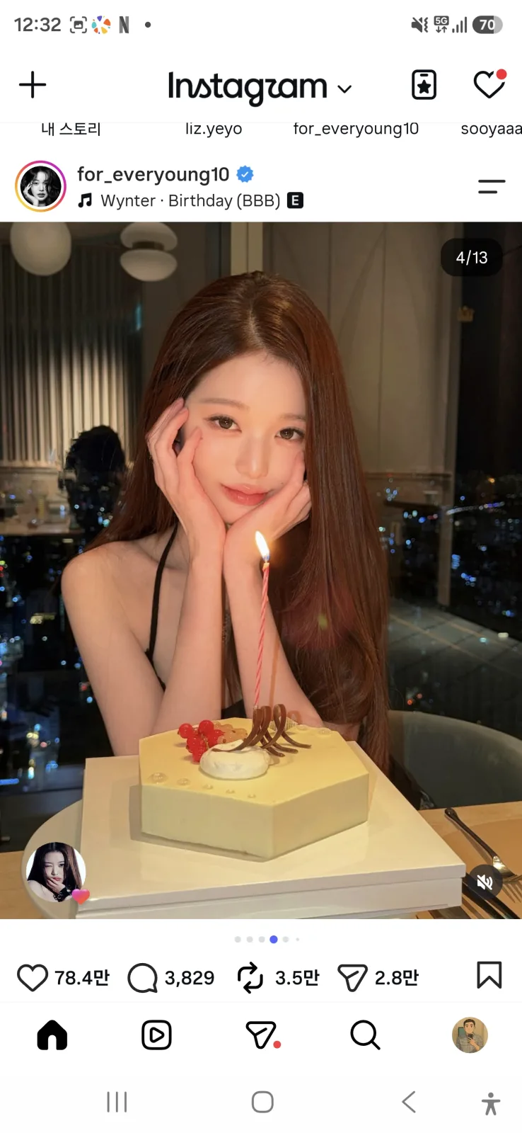 장원영 생일 케이크 앞에서 턱을 괸 사진